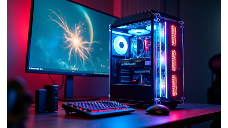 Poste de jeu ultra-moderne avec des composants PC éclairés par des LED néon