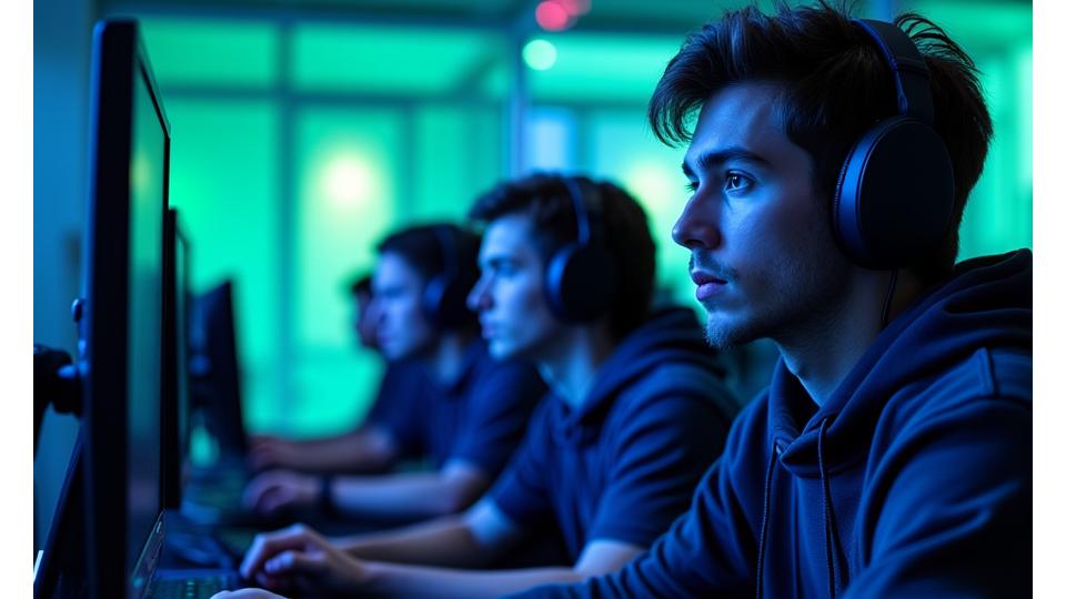 Équipe de joueurs e-sport en pleine compétition dans un environnement futuriste.