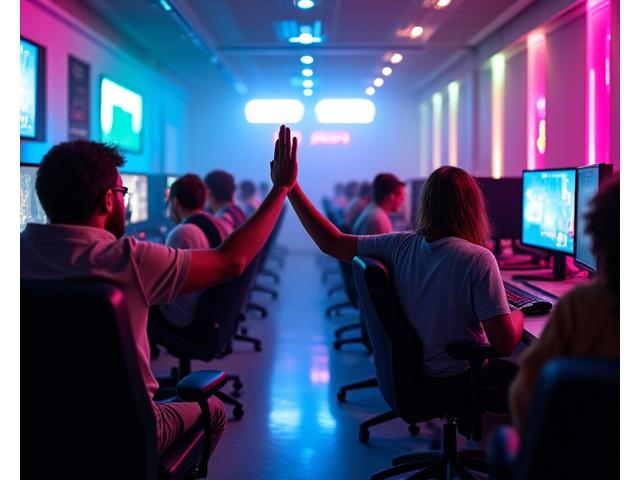 Groupe d'amis jouant ensemble dans une salle LAN gaming illuminée au néon.