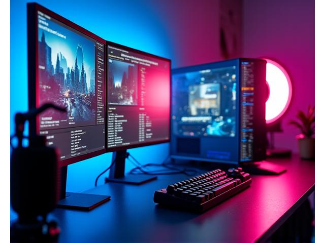 Configuration de streaming professionnelle avec plusieurs moniteurs et une lumière annulaire.