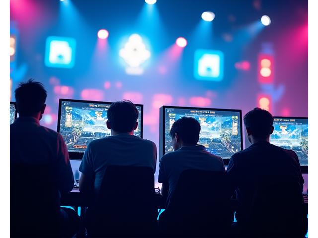 Scène eSport avec des joueurs concentrés en compétition sur consoles, éclairée par des lumières de scène vibrantes.