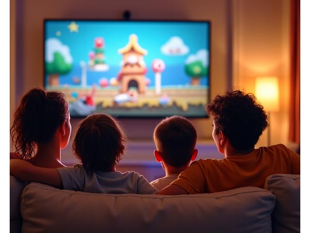 Une famille (parents et enfants) souriante jouant ensemble sur une console Nintendo Switch dans un environnement lumineux et accueillant.