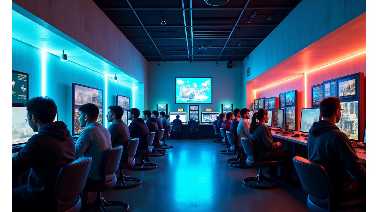 Vue immersive de joueurs enthousiastes autour de consoles next-gen et rétro dans une arcade moderne WarpStream Arcade à Paris.