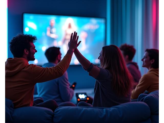 Quatre amis riant et jouant ensemble sur une console dans un salon gaming confortable avec des néons.