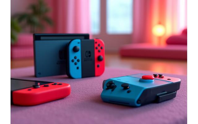 Plusieurs consoles Nintendo Switch en mode portable et sur dock, avec des Joy-Cons colorés.