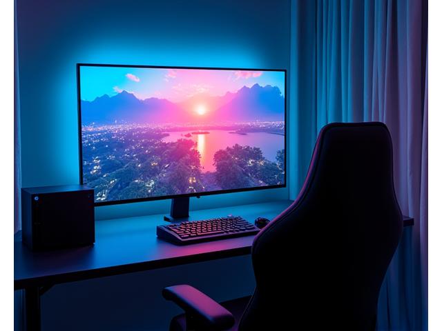 Une station de jeu console premium avec grand écran 4K, console moderne, siège ergonomique et éclairage LED ambiant.