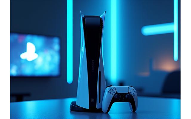 Une console PlayStation 5 posée élégamment avec une manette DualSense, des néons bleus en arrière-plan.