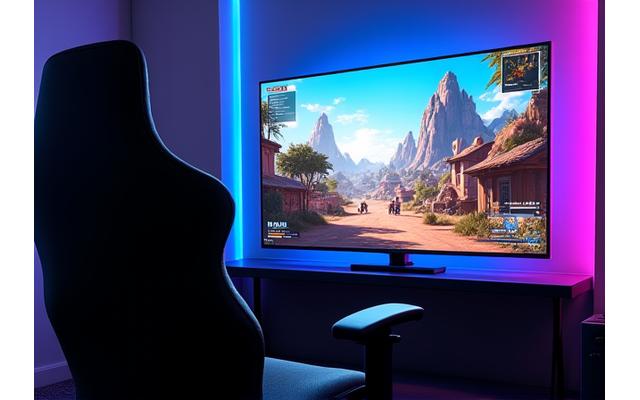 Un grand écran 4K HDR affichant un jeu vibrant, avec un canapé gaming ergonomique et un éclairage LED ambiant.