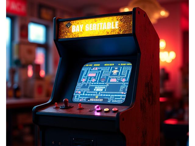 Vue nostalgique d'une borne d'arcade classique illuminée, reflétant une scène de jeu pixelisée.