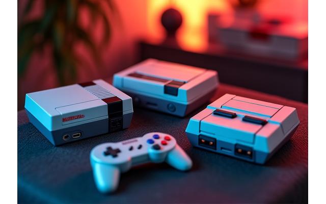 Une collection de consoles rétro emblématiques: NES, Super Nintendo, Sega Genesis, et PlayStation 1, avec des manettes d'époque.