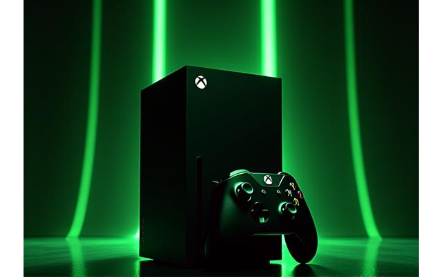 Une console Xbox Series X verticale dans une ambiance sombre et futuriste, des lumières vertes discrètes.