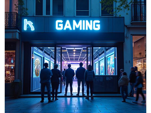 Vue extérieure moderne de WarpStream Arcade avec éclairage néon et joueurs entrant.