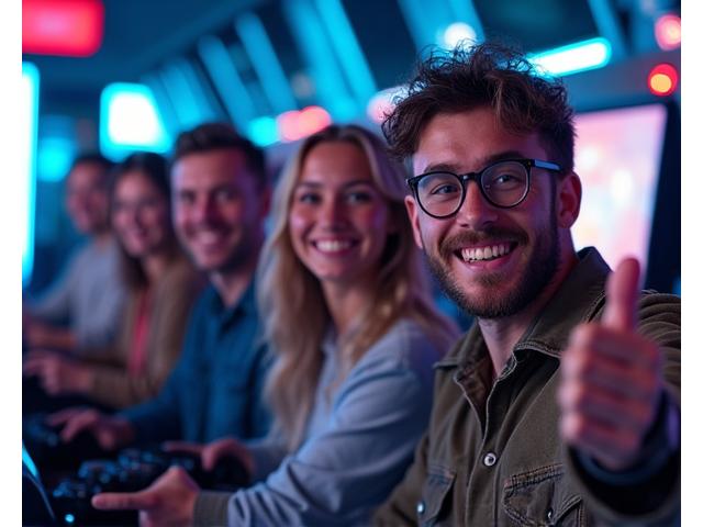 Un groupe de joueurs enthousiastes levant le pouce, illustrant la satisfaction client de WarpStream Arcade.