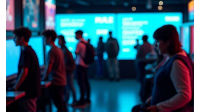 Illustration de règles affichées sur un mur lumineux dans une salle de gaming, avec des joueurs interagissant respectueusement