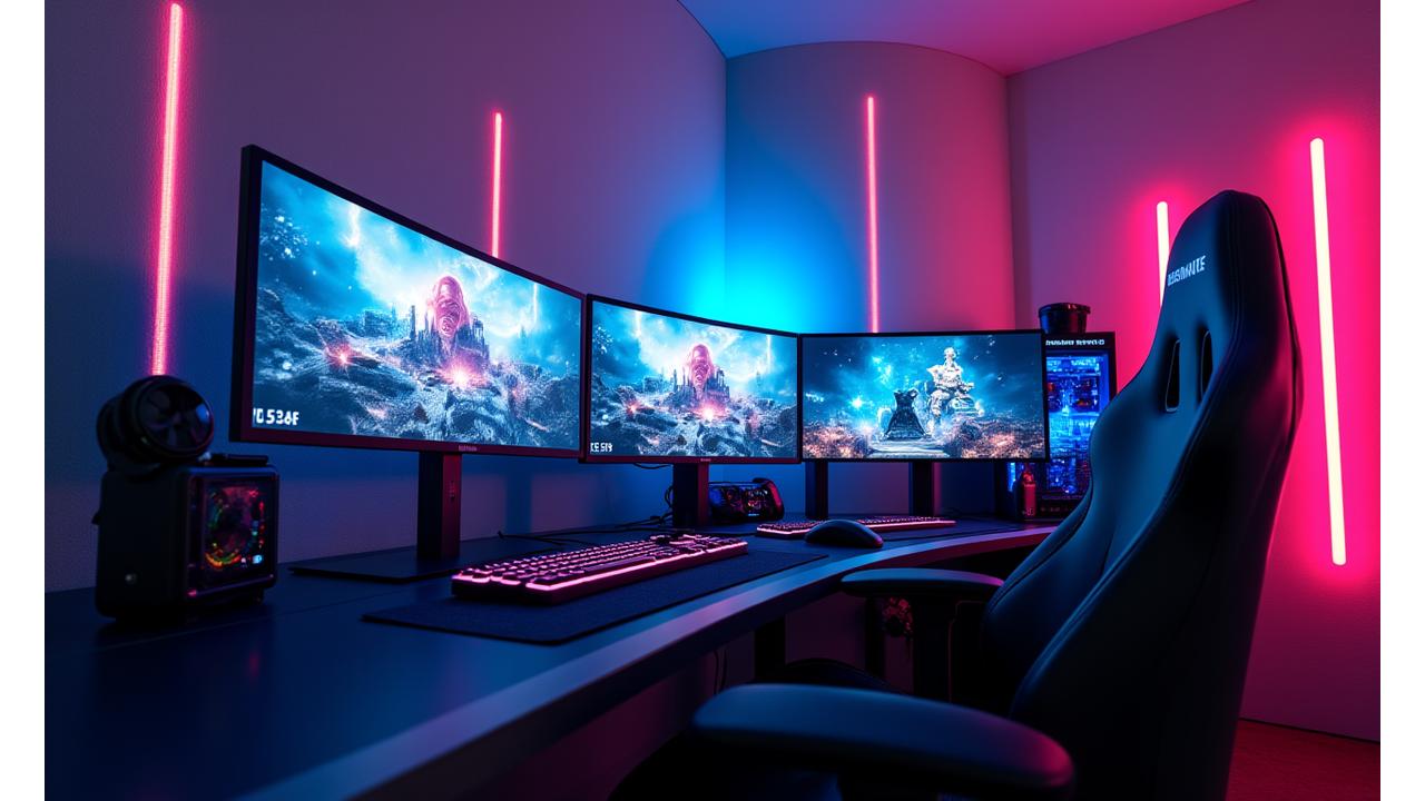 Setup PC Gaming Premium de WarpStream Arcade avec écran triple et éclairage RGB