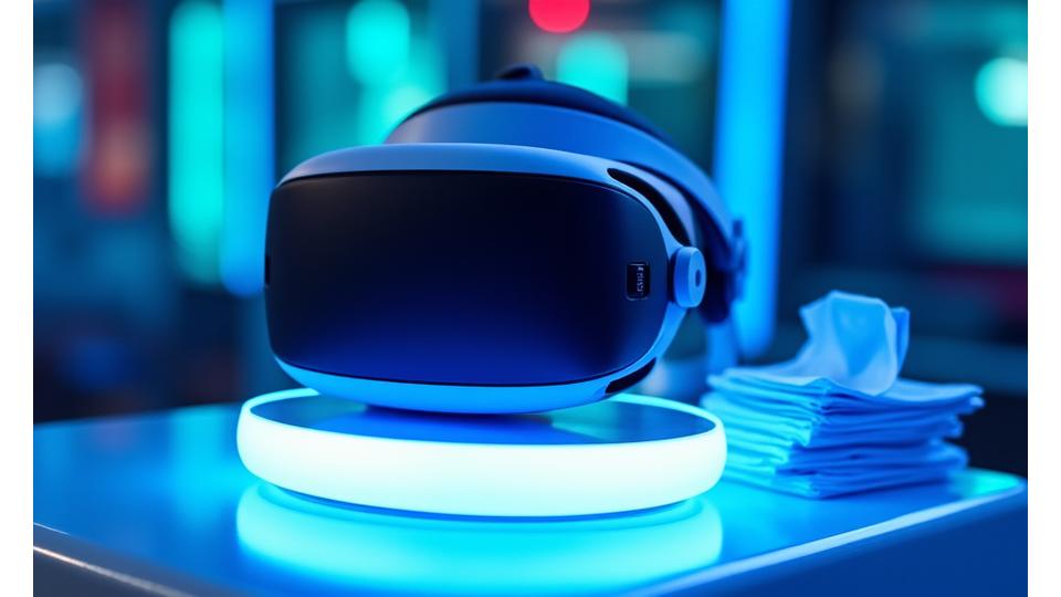 Une station VR propre et moderne, avec un casque VR posé sur un support de désinfection UV et des lingettes antibactériennes à côté, le tout éclairé par une lumière néon bleue.