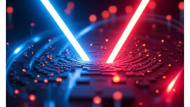 Capture d'écran du jeu Beat Saber, montrant des blocs lumineux arrivant vers deux sabres laser aux couleurs néon, dans un environnement futuriste rythmé.