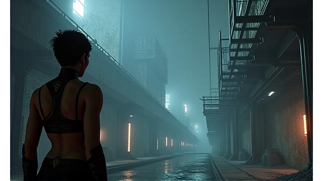 Capture d'écran du jeu Half-Life Alyx montrant Alyx Vance dans un environnement urbain futuriste et post-apocalyptique, avec des effets de lumière intenses.