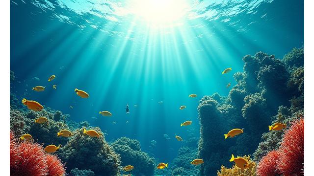 Capture d'écran de The Blu, avec des poissons tropicaux aux couleurs vives nageant autour d'un récif de corail immergé, et des rayons de lumière traversant la surface de l'eau.