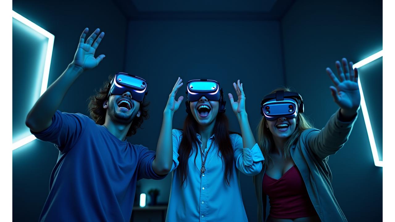 Un groupe de trois amis, riant et interagissant, portant des casques VR dans un espace de jeu futuriste éclairé au néon, les mains équipées de contrôleurs.