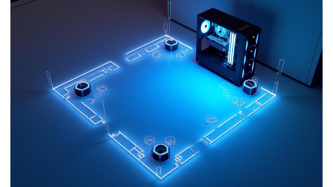 Un schéma de l'installation VR avec un casque Meta Quest Pro, des capteurs de tracking OptiTrack, et un joueur interagissant dans un espace de jeu sans fil, le tout avec des lignes lumineuses stylisées en bleu et cyan.
