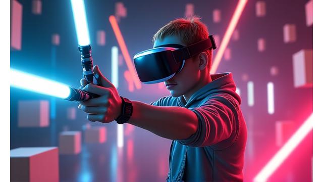 Un joueur, casque VR sur la tête, s'affronte dans un jeu de rythme effréné, les bras en mouvement rapide avec des sabres lumineux.