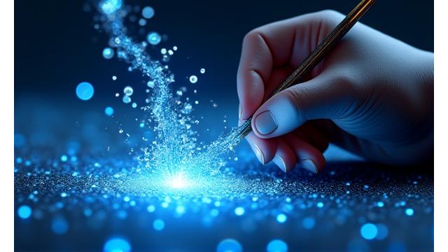 Une main virtuelle tenant un pinceau lumineux dessinant dans un espace 3D vibrant, avec des éclats de lumière colorés.
