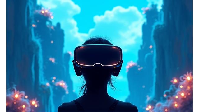 Un joueur explore un monde virtuel fantastique, avec des montagnes flottantes et des cascades lumineuses, un paysage à couper le souffle.