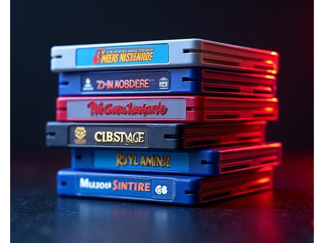 Une pile de cartouches de jeux vidéo rétro colorées de diverses consoles