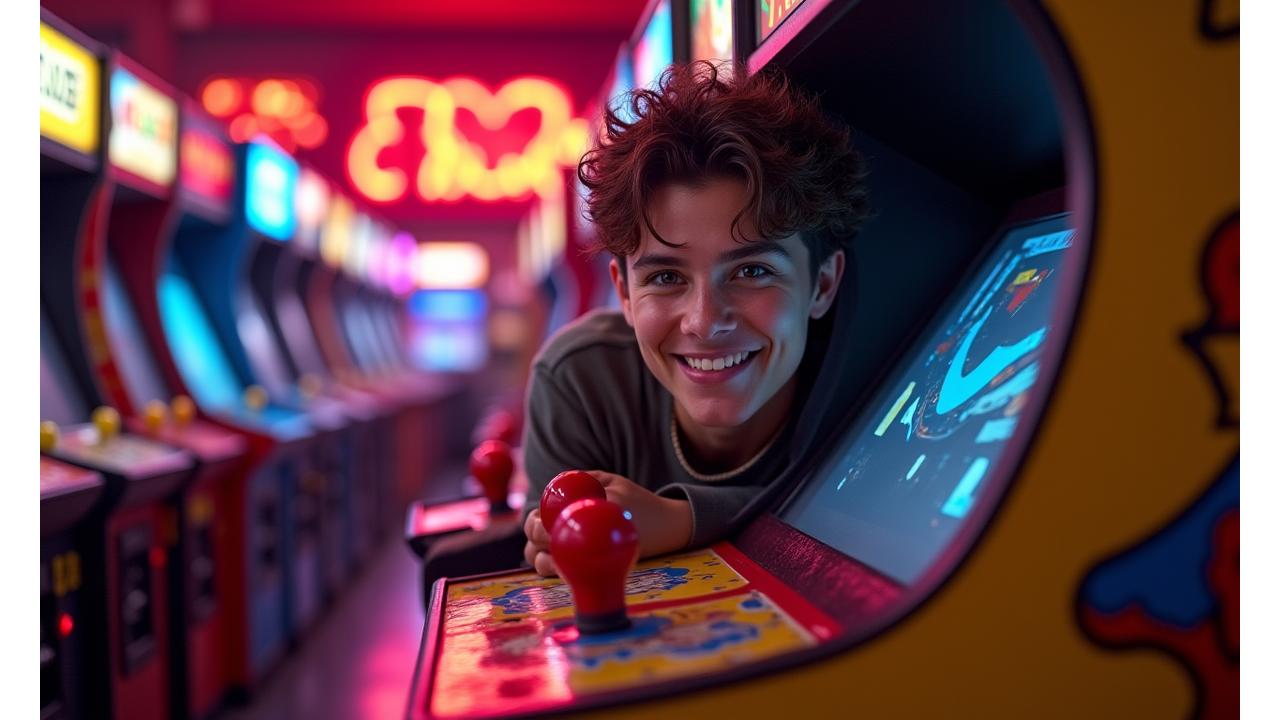 Un joueur souriant devant une borne d'arcade classique de Pac-Man, éclairée par des néons doux