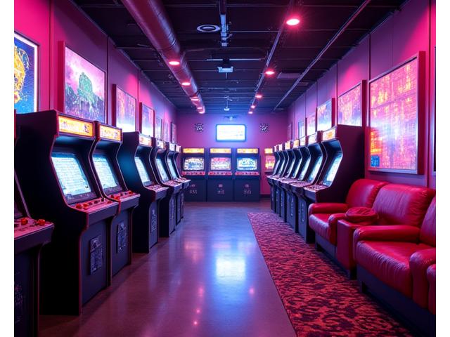 Intérieur d'un salon de jeu rétro avec des néons brillants et des bornes d'arcade