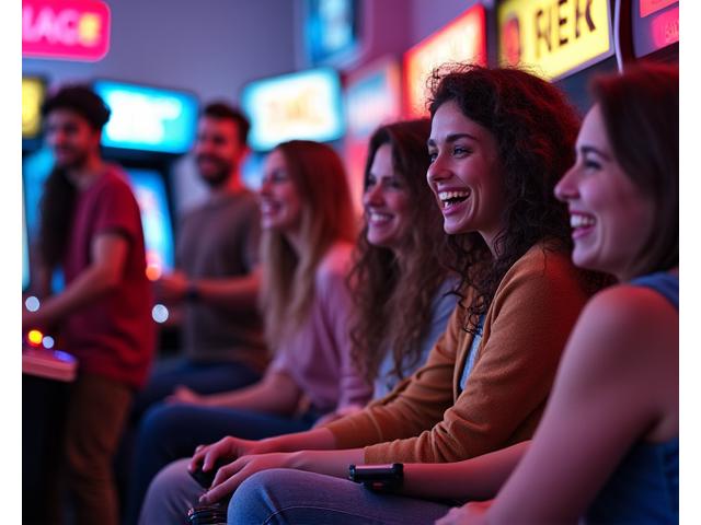Groupe de personnes riantes et jouant à des jeux rétro ensemble