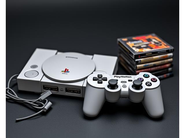 Console PlayStation 1 avec ses contrôleurs originaux et une pile de jeux