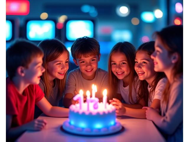 Groupe d'enfants célébrant un anniversaire dans une salle de jeux WarpStream Arcade, avec un gâteau à thème gaming et des décorations futuristes.