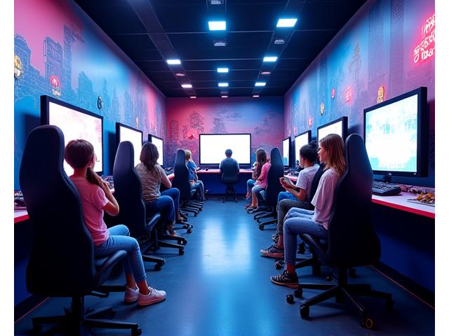 Vue d'ensemble de la zone familiale dédiée avec des enfants et des parents jouant à des jeux vidéo dans un cadre sûr et coloré.