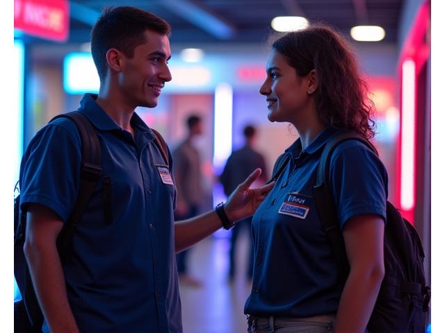 Parent et enfant discutant avec un membre du personnel de WarpStream Arcade dans un environnement accueillant, symbolisant le conseil et le support.