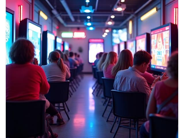 Une famille participe à un tournoi amical de jeu vidéo parents-enfants dans une zone événementielle animée de l'arcade.