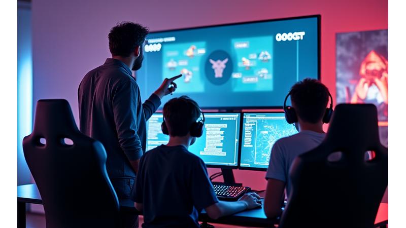 Coach esport montrant une stratégie à de jeunes joueurs sur un grand écran interactif