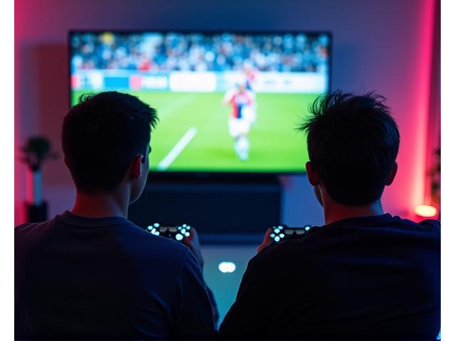 Deux joueurs côte à côte jouant à FIFA avec des manettes, écrans multiples