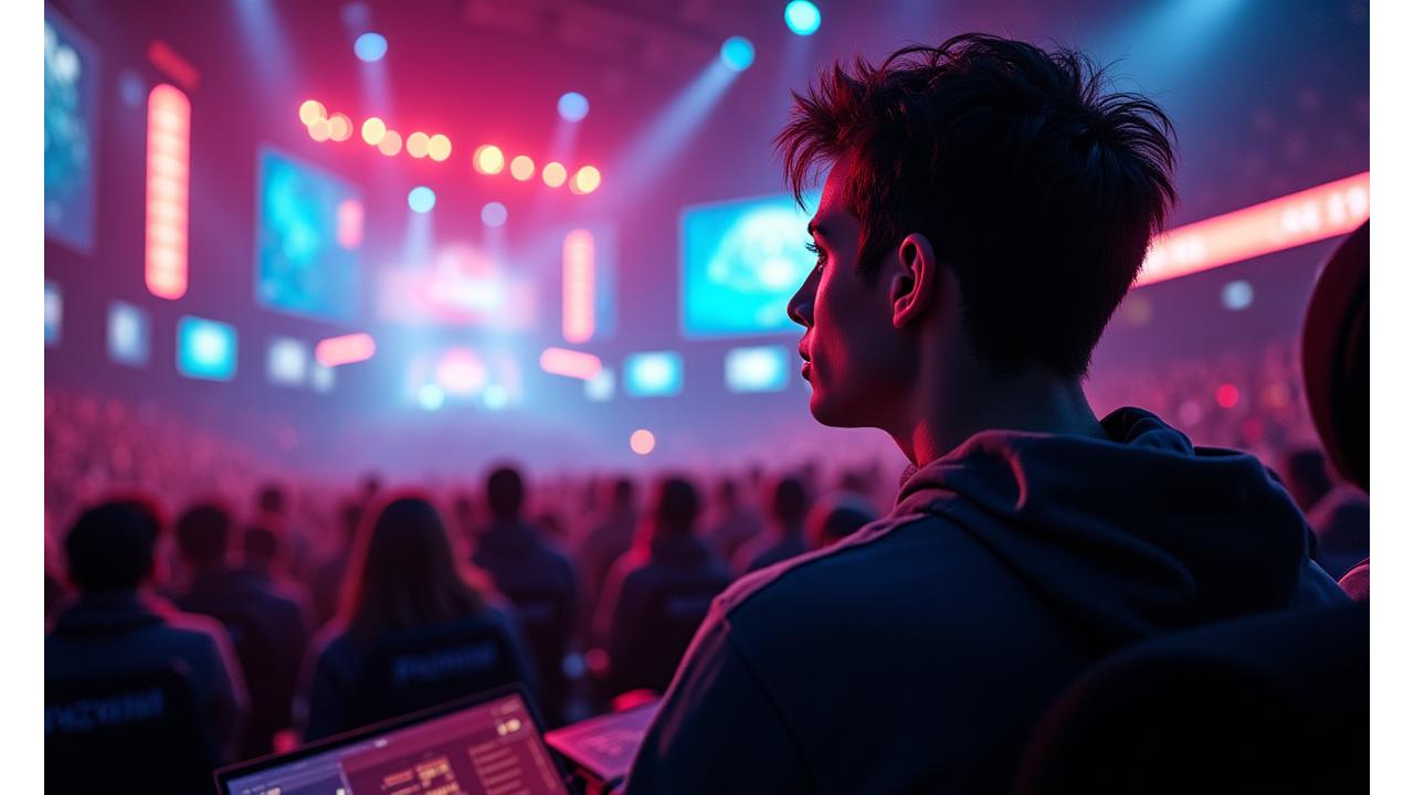 Vue dynamique d'un joueur en pleine compétition eSport League of Legends avec foule vibrante