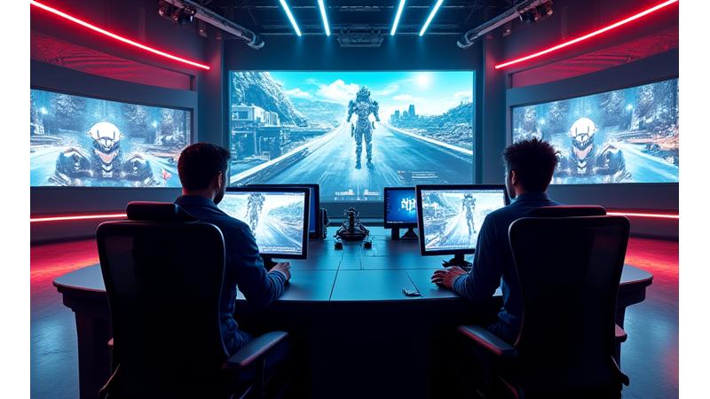 Studio de diffusion eSport avec écrans, caméras et casters professionnels en action